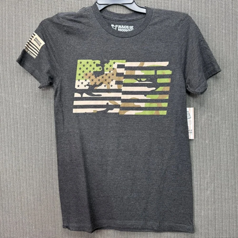 Rags Of Honor Size S Charcoal Gray T-Shirt With Camo American Flag Design - Picture 1 of 6